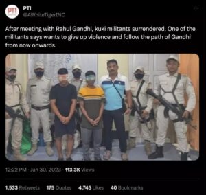 Tweet getting viral claiming the kuki millitants surrendered after meeting Rahul Gandhi